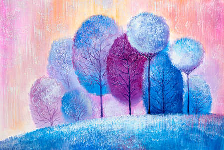Winter landscape. Original oil painting. Colorful forestの写真素材