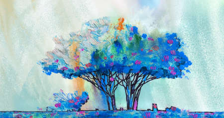 Oil painting landscape, colorful trees. Hand Painted Impressionist, outdoor landscape.の写真素材