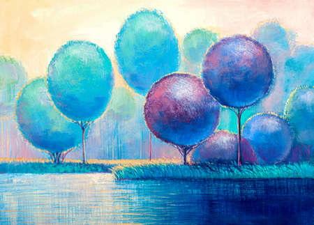 Painting of a summer river. Oil painting landscape. Hand Painted Impressionist.の写真素材