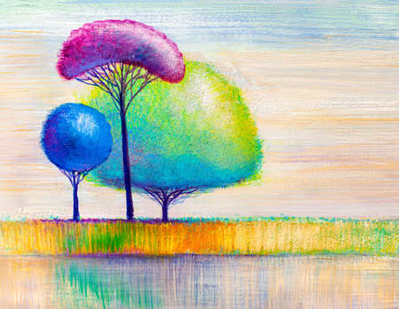 Painting of a summer river. Oil painting landscape. Hand Painted Impressionist.の写真素材