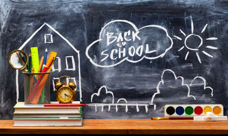 School books on desk, education concept.Text Sign Concept Back to School.の写真素材