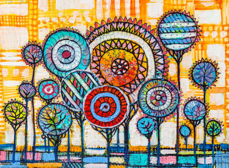 Oil painting landscape, colorful trees. Hand Painted Impressionist, outdoor landscape.の写真素材