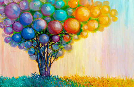 tree decorated with balls in the meadow, modern painting.の写真素材