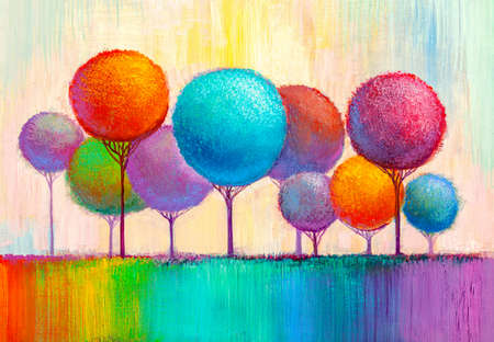 Oil painting landscape, colorful trees. Hand Painted Impressionist, outdoor landscape.の写真素材