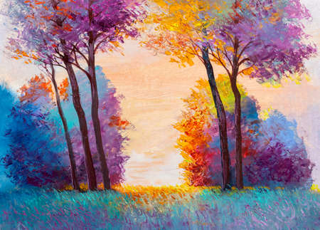 Oil painting landscape - colorful autumn forest. Hand Painted Impressionist.の写真素材
