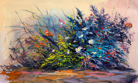 Oil painting flowers, cornflower, daisy in fields. Impressionist style.の写真素材