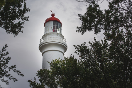 lighthouse on overcast day framed by trees on all sidesの写真素材