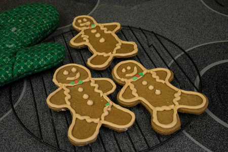Gingerbread cookies with perfect royal icing on cooling rackの写真素材