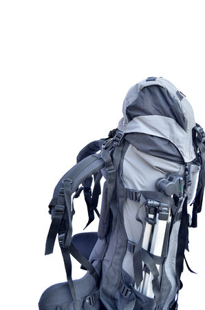 Travel rucksack with camera stand isolated on white backgroundの写真素材