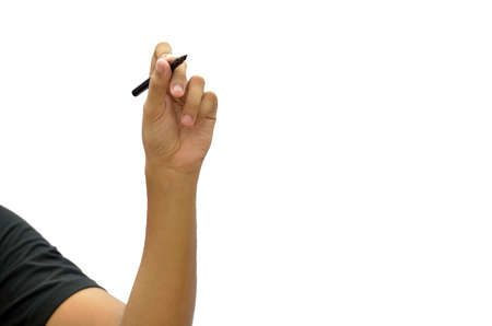 hand is ready for drawing with black marker. Isolated on white.