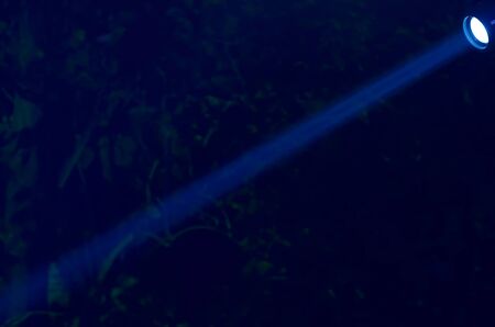 Beam of blue light on black background. Applied to a searchlight torch.の写真素材