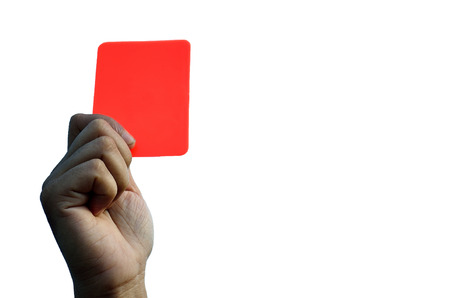 Hand holding a red card in white background.