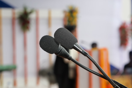 Vocal microphone stands ready.Microphone on stage.