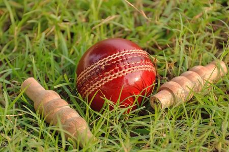 Red leather cricket ball and bails on grassの写真素材
