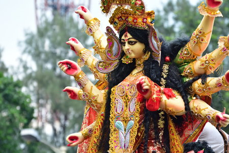 Immerse goddess Durga idol in ganges river during Durga Puja festival in Kolkata, India. Durga puja...