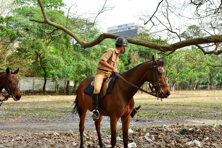Calcutta, India - March, 10, 2014: Indian mountain police police raiding over horse.
