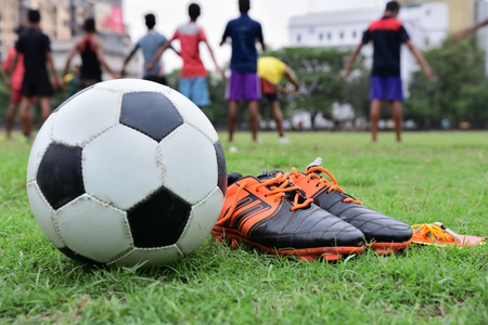 Soccer equipment in soccer pitchの写真素材