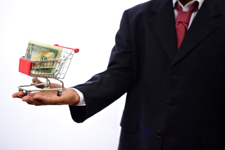 Businessman offering dollar on white backgroundの写真素材