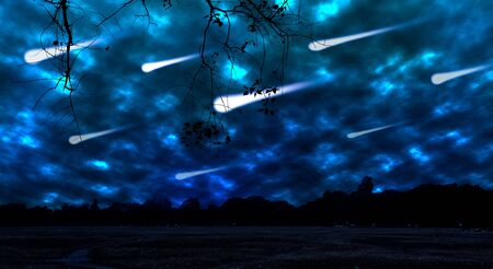 Meteor shower in the night sky in a park with long explorer. The photo is generated from a camera...