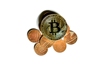 Isolated US Coins Pile with bitcoin on white backgroundの写真素材