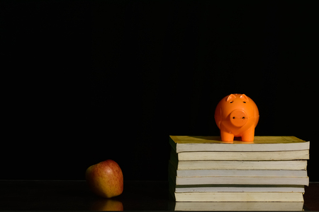 Piggy bank with glasses on book against blackboardの写真素材