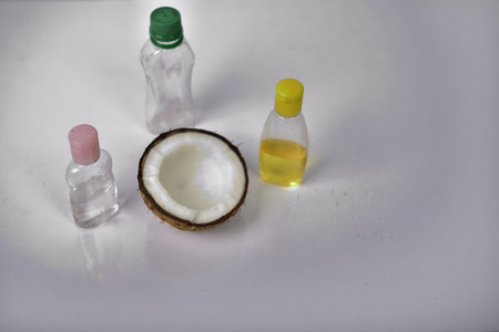 Coconut oil with coconut on grey background.の写真素材