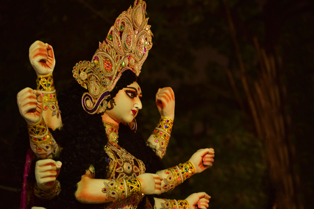 Close-up of Hindu idol goddess Durga ready to go puja mandap