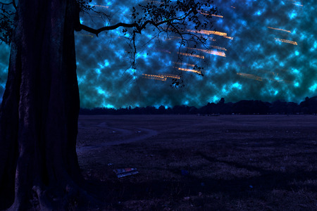Meteor shower in the night sky. The photograph is prepared from scratch using digital software. It...