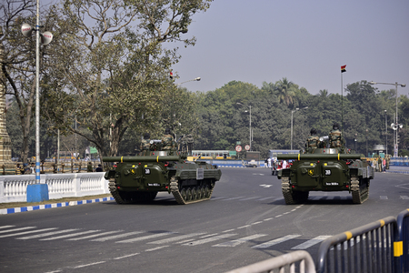 Calcutta, India - January 23, 2019: Indian army practice their parade during republic day. The ceremony is done by Indian army every year to salute national flag in 26th Januaryのeditorial素材