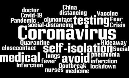Word cloud poster of covid-19 awareness isolated on black backgroundの写真素材