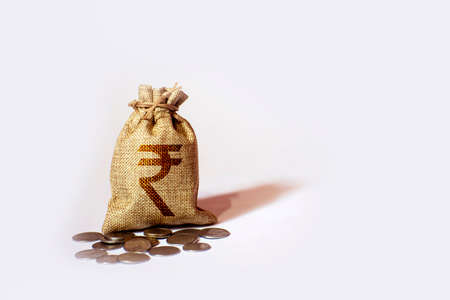 Money bag with rupee symbol isolated on white backgroundの写真素材