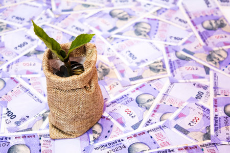 A plant growing from stack of Indian coin on Indian one hundred rupees background.