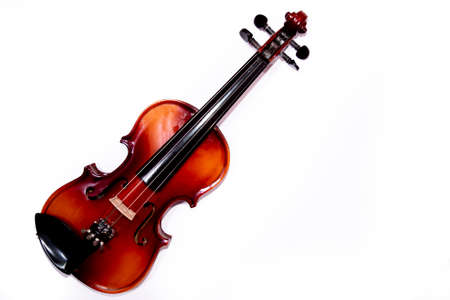 Front view of violin with Violin stick isolated on white backgroundの写真素材