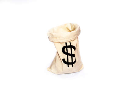 Close-up of dollar sign Jute sack isolated on white background.の写真素材