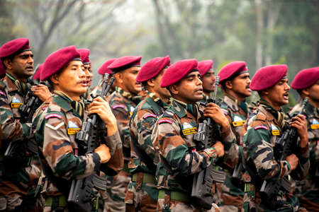 Calcutta, India - January 24, 2022: Indian army practice their parade during republic day. The ceremony is done by Indian army every year to salute national flag in 26th January.のeditorial素材