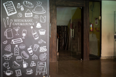 Restaurant menu design with doodles on the wall.の写真素材