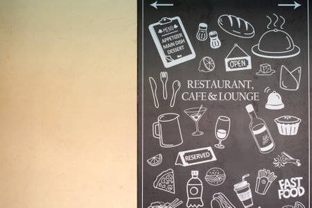 Restaurant menu chalkboard with food, drinks and drinks symbolsの写真素材