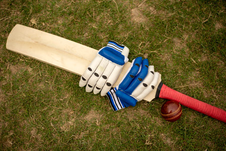 Cricket bat and gloves on green playing fieldの写真素材