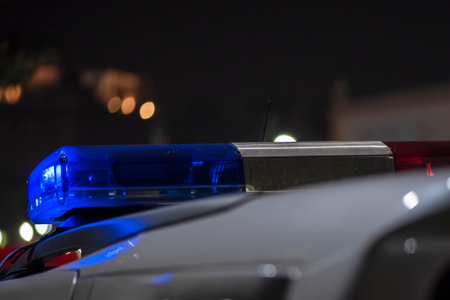 Emergency light of police patrolling car on street in nightの写真素材