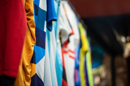 Colorful clothes hanging on a clothesline in a street market.の写真素材