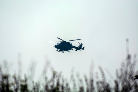 helicopter flying in the sky, close-up of photoの写真素材
