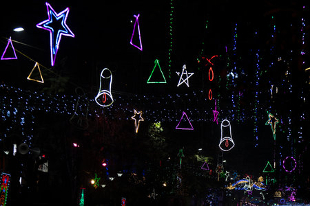 Colorful christmas lights on the streets of Bali, Indonesiaの写真素材