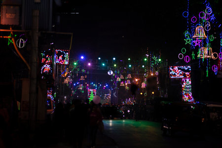 Unidentified people enjoy the light festival at night in Bangkok, Thailand.の写真素材