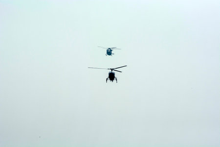 helicopter in the sky, closeup of photo on photoの写真素材