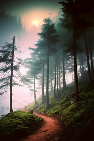 Foggy forest path in the mountains at sunrise. 3d renderingの素材