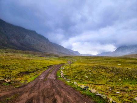 Mountain road in the highlands of the Deosai Plains, Skardu, Pakistanの写真素材