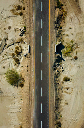 Aerial view of the highway in the desert. View from above. Hingol National Park, Balochistan,...