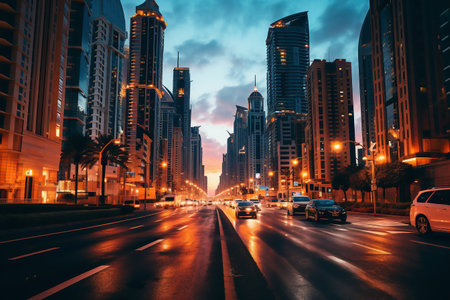 the light trails on the modern building background in Dubaiの素材
