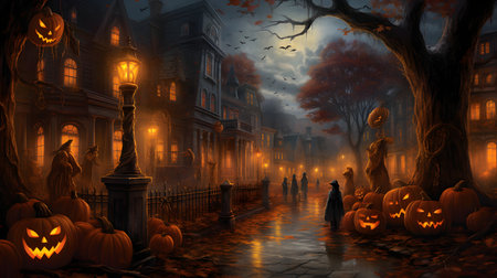 Halloween scene with pumpkins on cobbled street in a foggy forestの素材