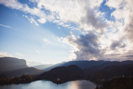 Lake Bled, island in the lake at sunrise in autumn or winterの写真素材